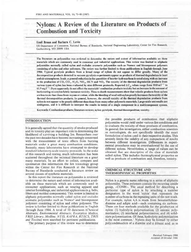 FIREANDMATERIALS,VOL.11,71-88(1987)Nylons:AReviewoftheLiteratureonProd
