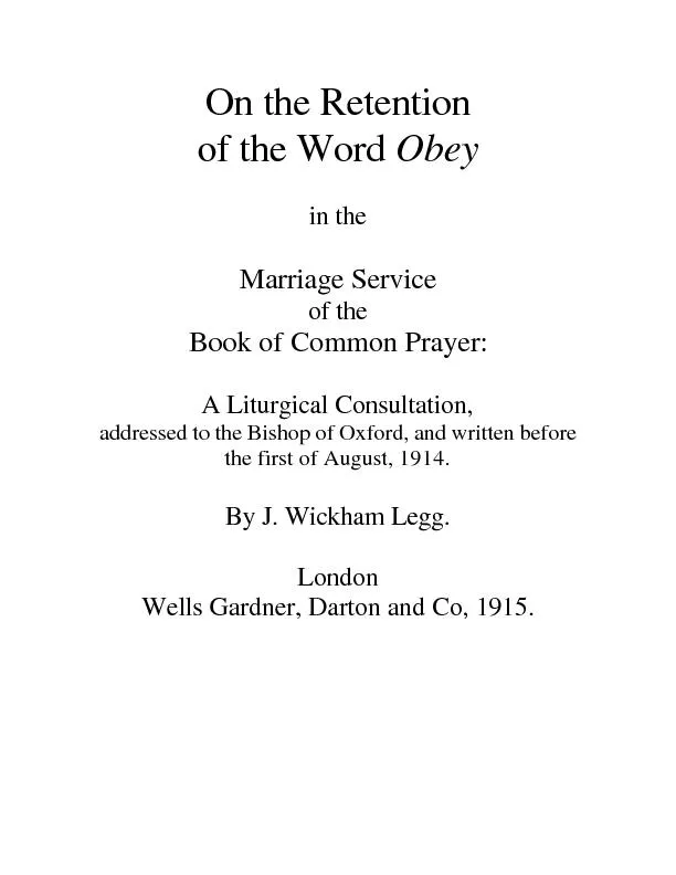 On the Retention of the Word Obey in the  Marriage Service of the Book