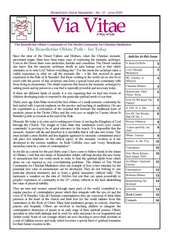 Benedictine Oblate Newsletter - No. 10 - June 2009