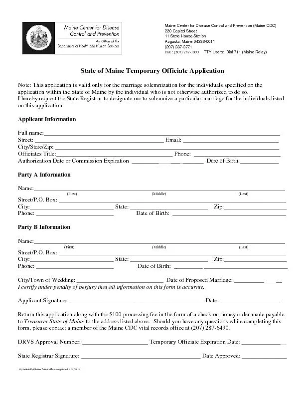State of MaineTemporary Officiate Application