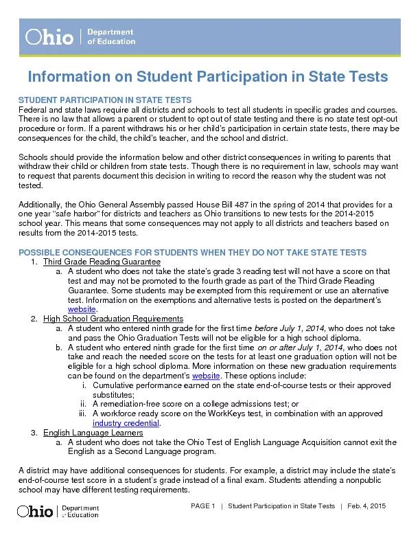 STUDENTPARTICIPATIONIN STATETESTSFederalandstatelawsrequirealldistrict