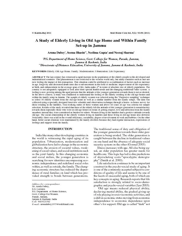 A Study of Elderly Living in Old Age Home and Within FamilySet-up in J