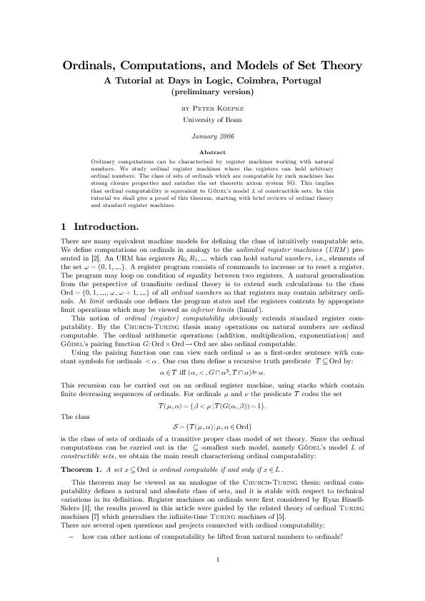 Ordinals,Computations,andModelsofSetTheoryATutorialatDaysinLogic,Coimb