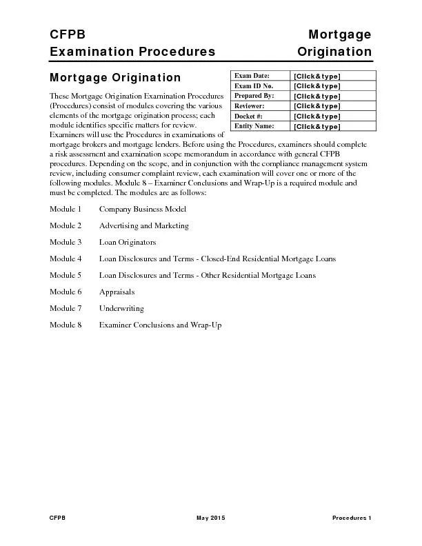 CFPB   Mortgage  Examination Procedures  Origination
