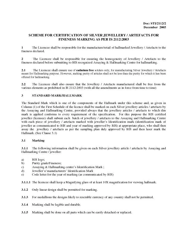 SCHEME FOR CERTIFICATION OF SILVER JEWELLERY / ARTEFACTS