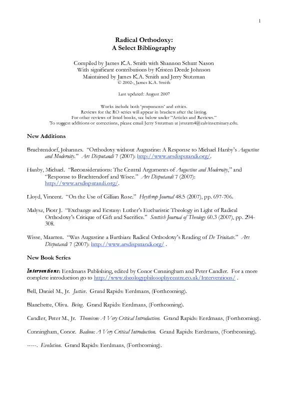 A Select Bibliography  Compiled by James K.A. Smith with Shannon Schut