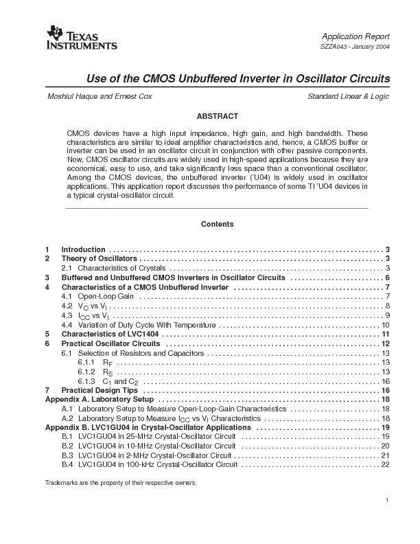 Use of the CMOS Unbuffered Inverter in Oscillator CircuitsMoshiul Haqu