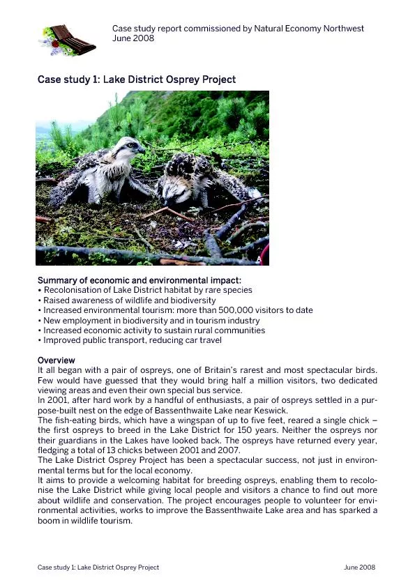 Case study 1: Lake District Osprey Project Summary of economic and env
