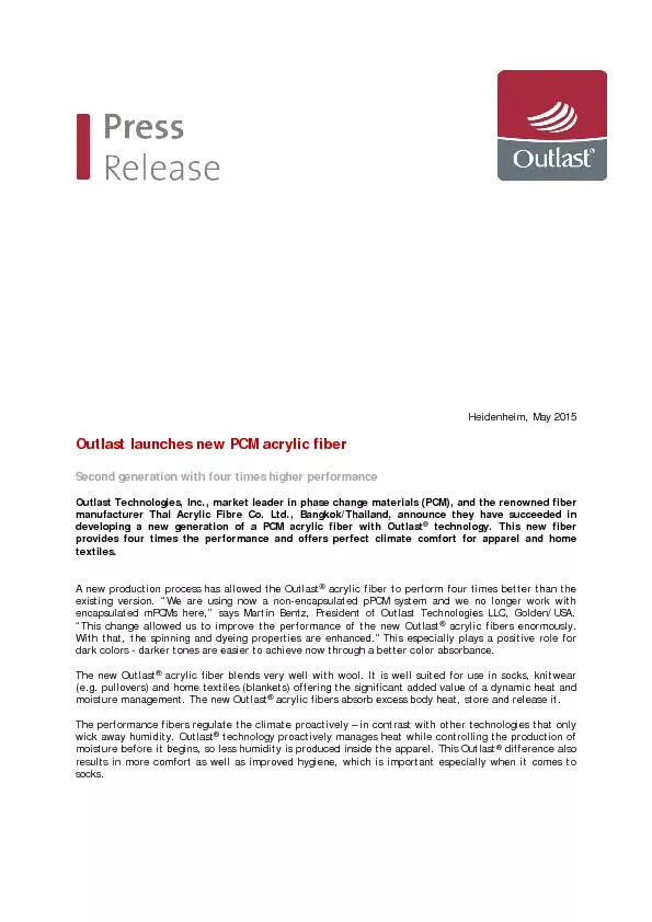 Heidenheim, May 2015Outlast launches new PCM acrylic fiber Second gene