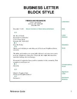 Reference Guide BUSINESS LETTER BLOCK STYLE FRIENDS AND NEIGHBORS  W