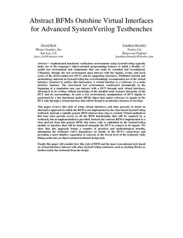 Abstract BFMs Outshine Virtual Interfacesfor Advanced SystemVerilog Te