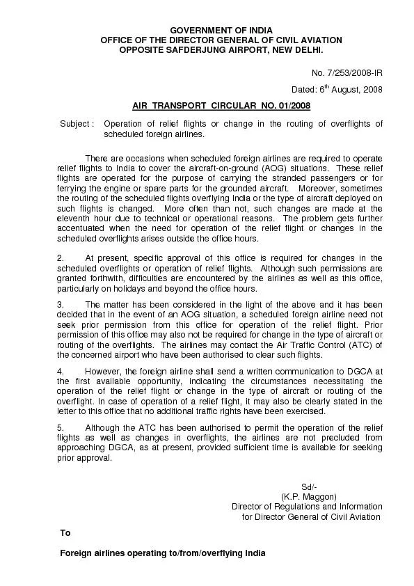 GOVERNMENT OF INDIA OFFICE OF THE DIRECTOR GENERAL OF CIVIL AVIATION O