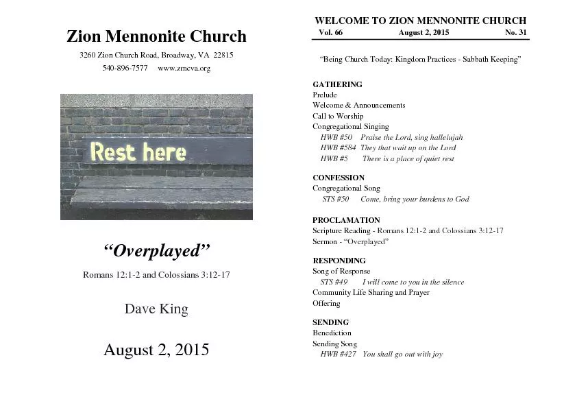 Zion Mennonite Church 3260 Zion Church Road, Broadway, VA  22815  540-