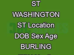 BURLING TON POLICE DEPARTMENT Ar rest Blotter  thru  Sorted By  Day  Time    Ar rested N  ST WASHINGTON ST Location DOB Sex Age BURLING TON IA   S  ST Addr Name   DONALDSONCIERR A CHAY Code Cha rge D