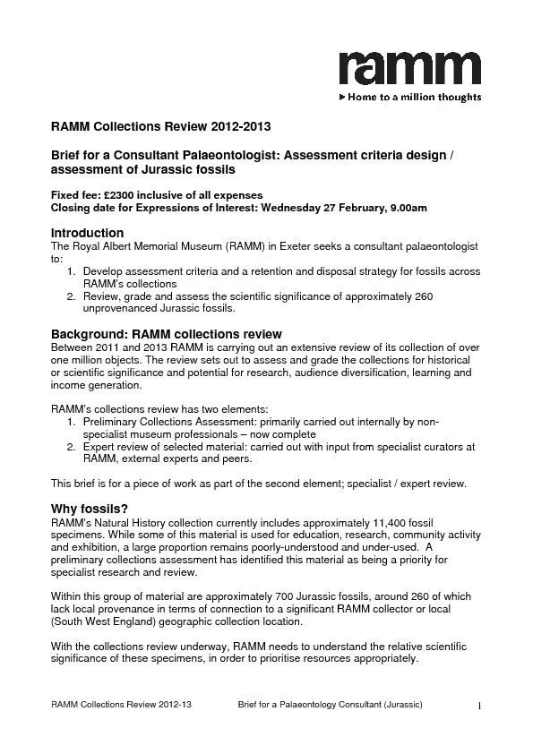 RAMM Collections Review 2012-13  Brief for a Palaeontology Consultant