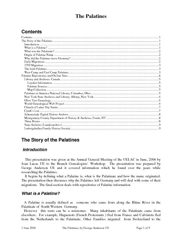 1 June 2006 The Palatines, by George Anderson UE Page 1 of 9 The Palat