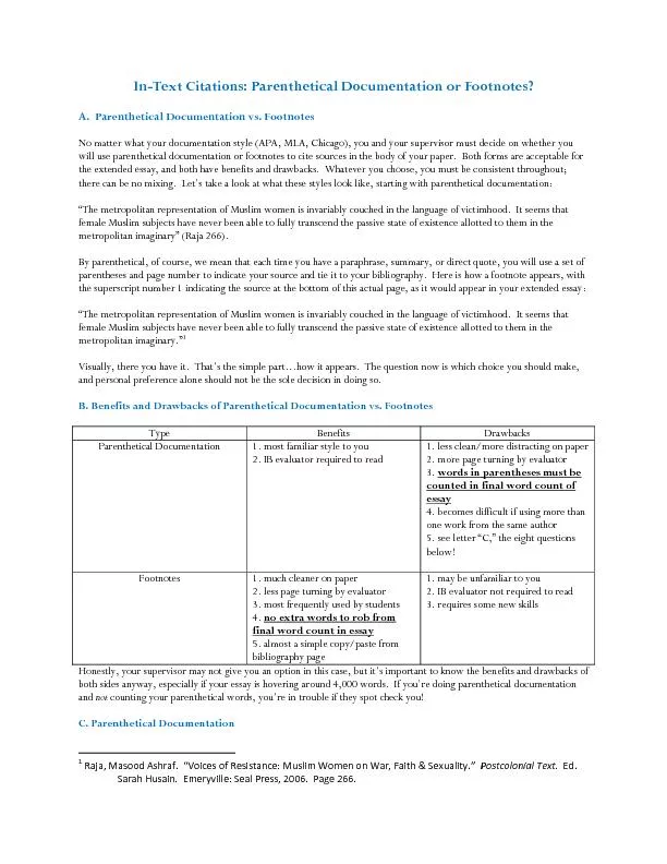 PDF-Text Citations: Parenthetical Documentation or Footnotes?