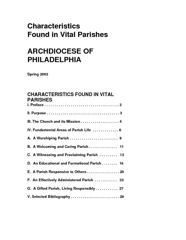 Characteristics  Found in Vital Parishes  ARCHDIOCESE OF  PHILADELPHIA