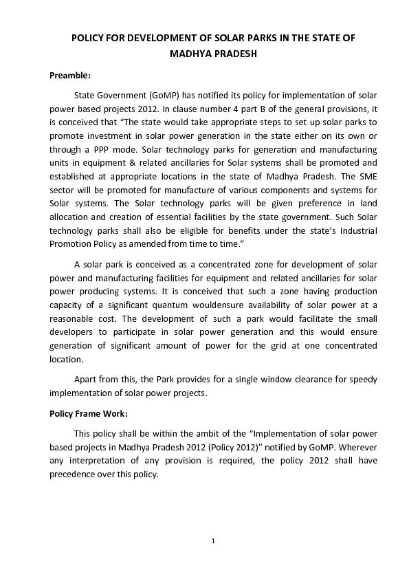 POLICY FOR DEVELOPMENT OF SOLAR PARKS IN THE STATE OF
