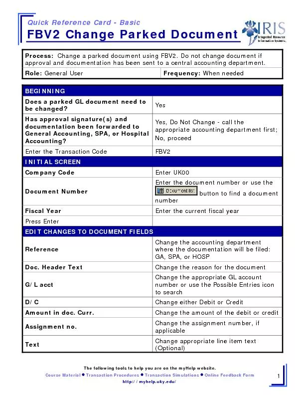 Quick Reference Card - BasicFBV2 Change Parked Document