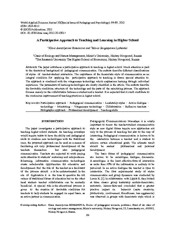World Applied Sciences Journal 20(Special Issue of Pedagogy and Psycho