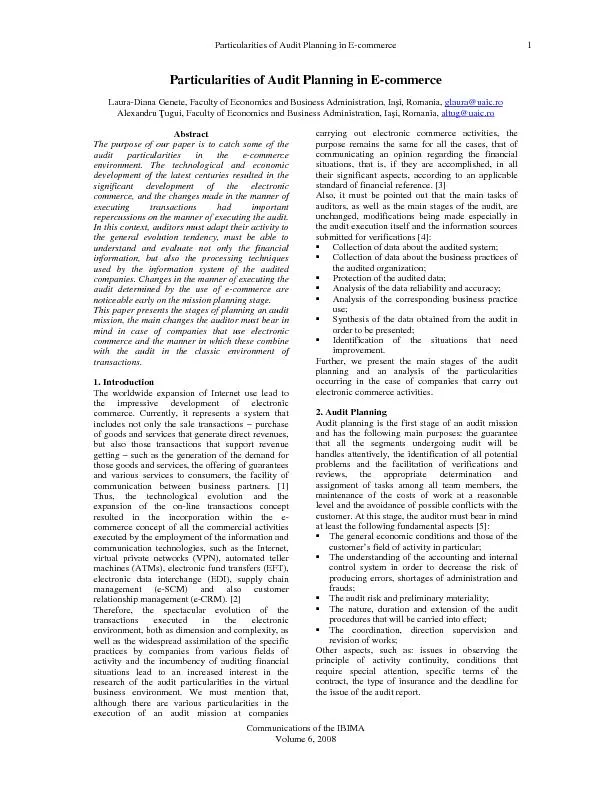 Particularities of Audit Planning in E-commerce Communications of the