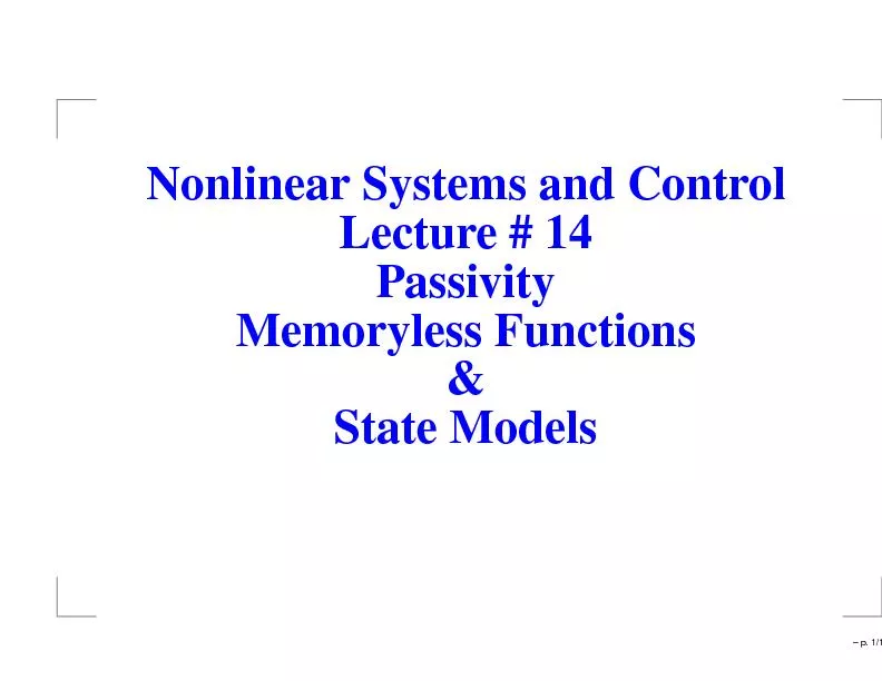 NonlinearSystemsandControlLecture#14PassivityMemorylessFunctions&State