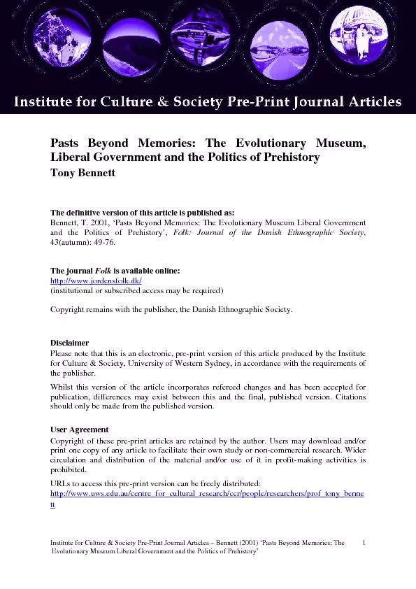 Institute for Culture & SocietyPrePrint Journal Articles Bennett (2001