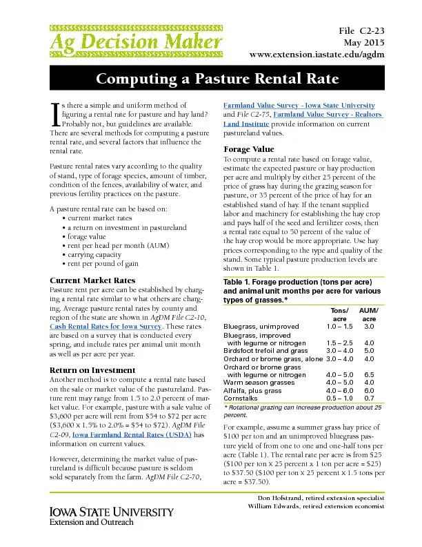 Computing a Pasture Rental Rate