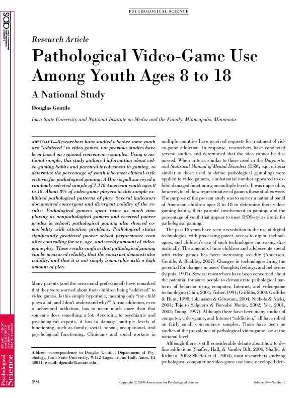 ResearchArticlePathologicalVideo-GameUseAmongYouthAges8to18ANationalSt
