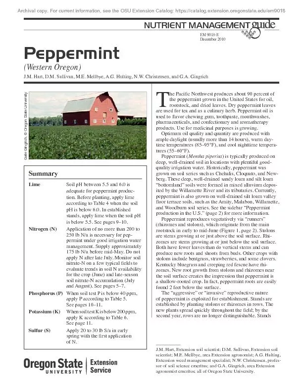 years. The average Willamette Valley peppermint �eld The oi