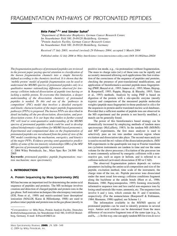 PDF-FRAGMENTATIONPATHWAYSOFPROTONATEDPEPTIDESlaPaizs*andSandorSuhaiDepartm