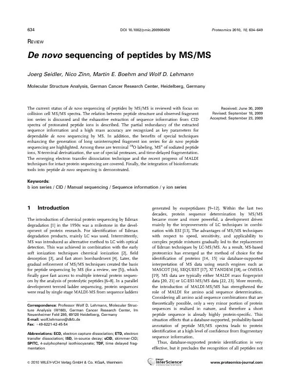 DenovosequencingofpeptidesbyMS/MSJoergSeidler,NicoZinn,MartinE.Boehman