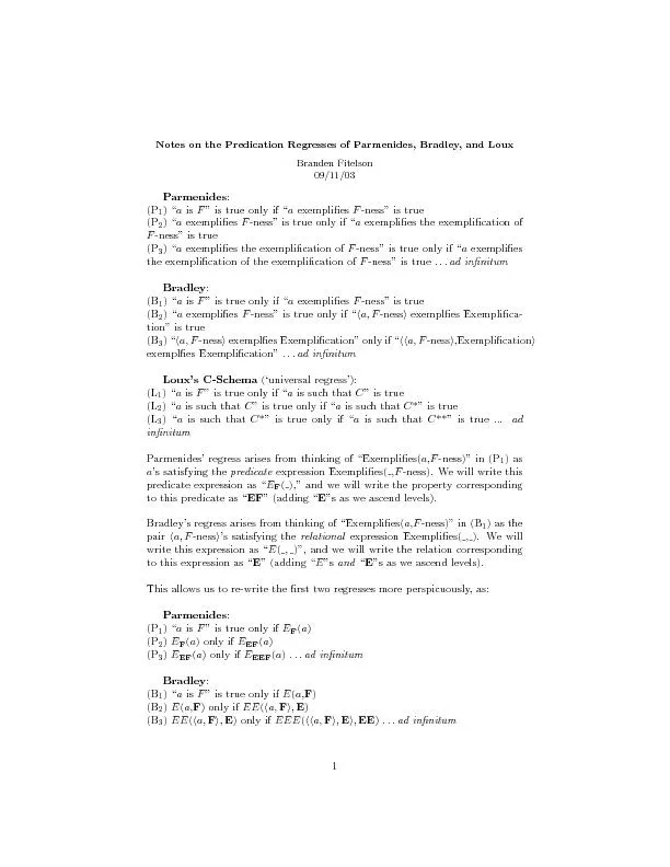 Parmenides'regresscanbeseenasaninstanceofLoux'sC-schema,where:C=\EF(a)
