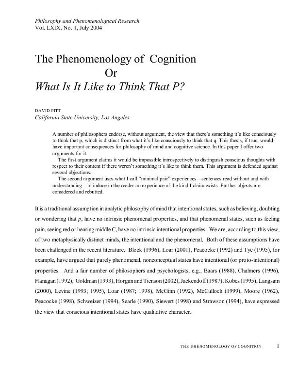 THE  PHENOMENOLOGY OF COGNITION1