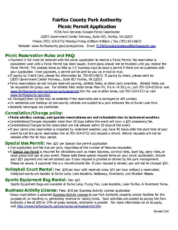 Fairfax County Park AuthorityPicnic Permit ApplicationFCPA Park Servic