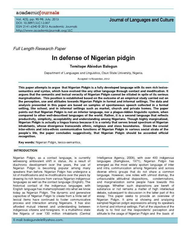 Full Length Research PaperIn defense of Nigerian pidgin Temitope Abiod