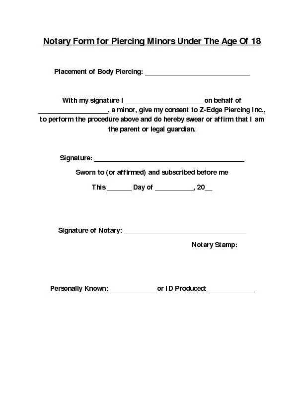 Notary Form for Piercing Minors Under The Age
