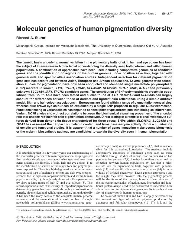 MoleculargeneticsofhumanpigmentationdiversityRichardA.SturmMelanogenix