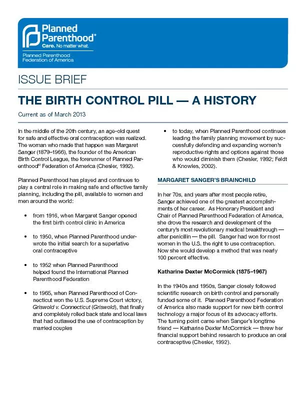 THE BIRH CONROL PILL — A ISORY Current as of March 2013In the mid