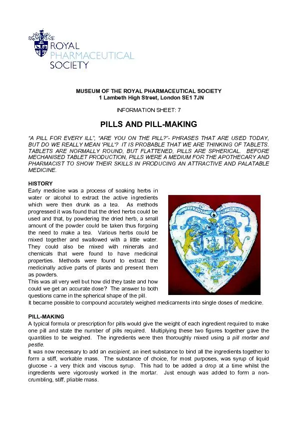 MUSEUM OF THE ROYAL PHARMACEUTICAL SOCIETYINFORMATION SHEET: 7 PILLS A