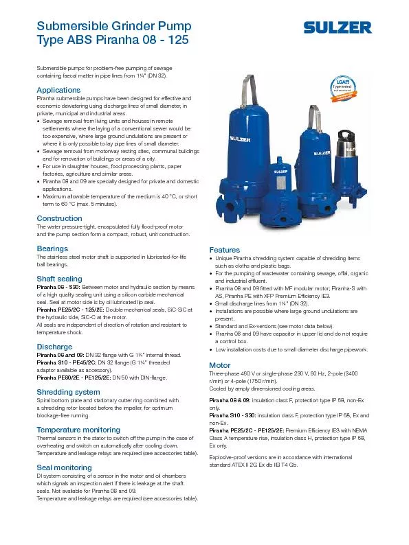 Type ABS Piranha 08 - 125Submersible pumps for problem-free pumping of