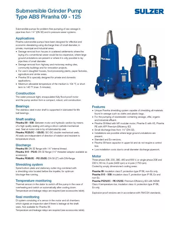 Type ABS Piranha 09 - 125Submersible pumps for problem-free pumping of