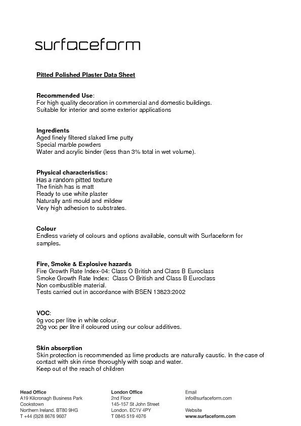 Pitted Polished Plaster Data Sheet