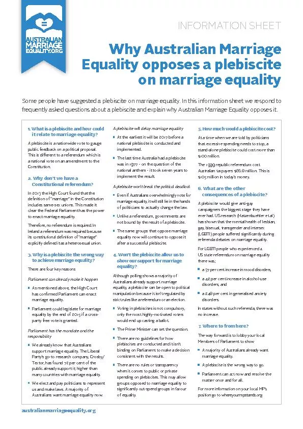 1. What is a plebiscite and how could it relate to marriage equality?A
