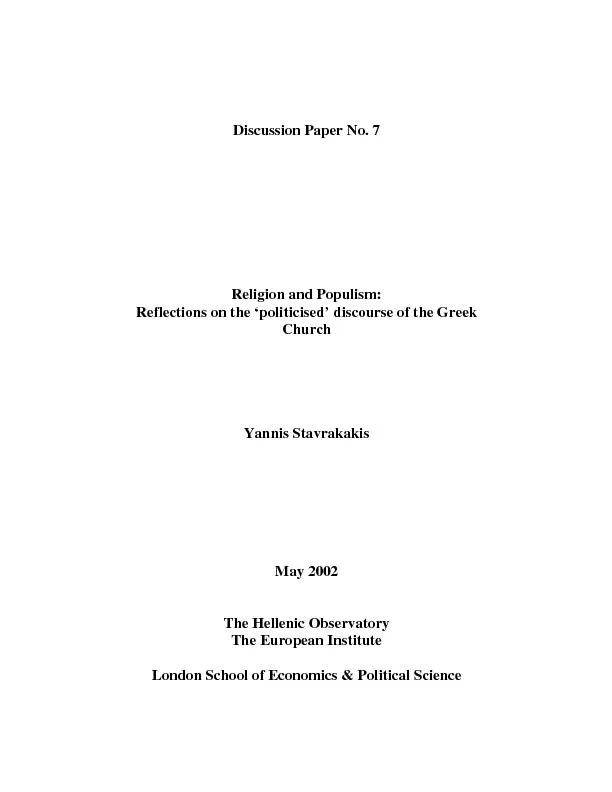 Discussion Paper No. 7 Religion and Populism: Reflections on the 