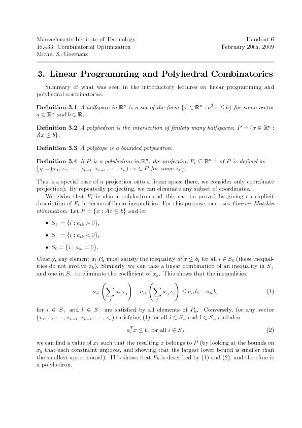 3.LinearProgrammingandPolyhedralCombinatoricsFebruary20th,20092Deniti