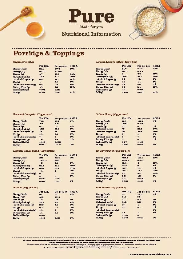 Porridge & ToppingsNutritional Information