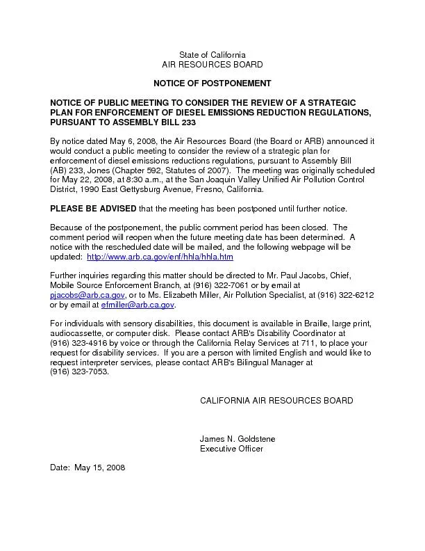 State of California AIR RESOURCES BOARD NOTICE OF POSTPONEMENT NOTICE