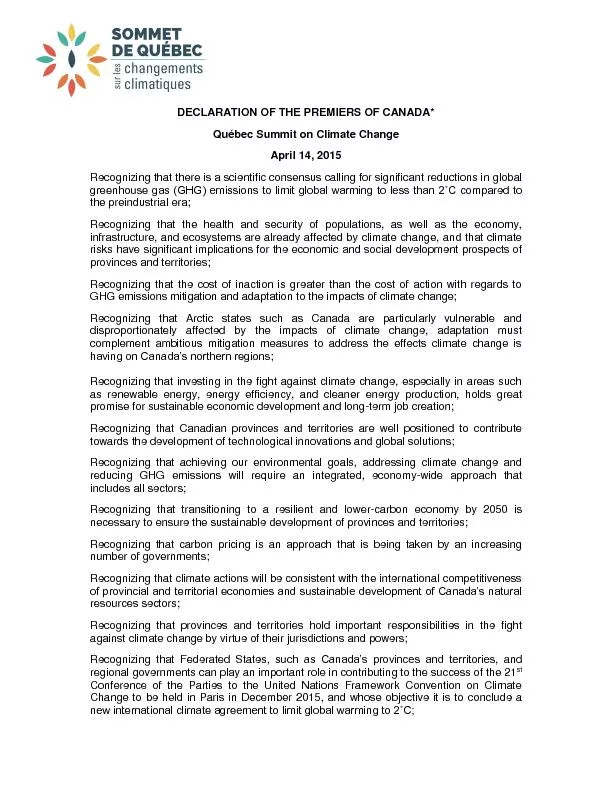 DECLARATION OF THE PREMIERS OF CANADA